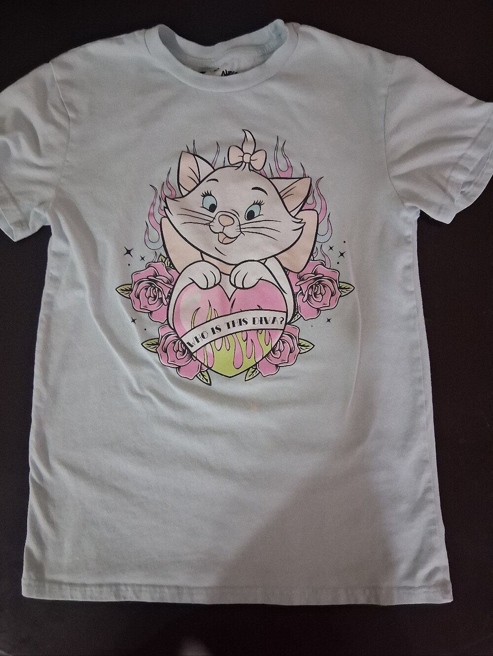 Disney White Short Sleeve Tee with Pink Cartoon Cat Graphic